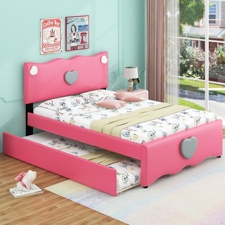 Full Size Upholstered Platform Bed with Trundle and Heart Shaped Decoration in Dark Pink