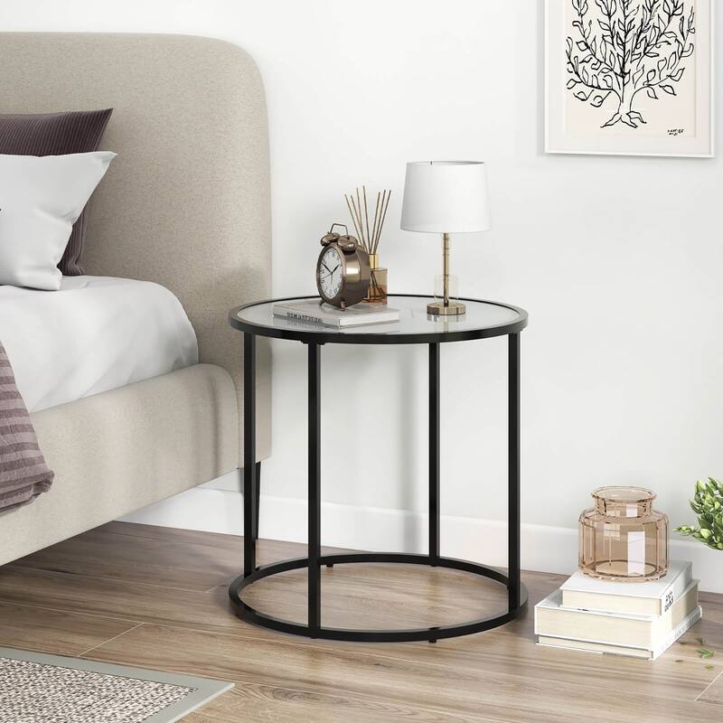Gymax 2PCS Glass End Table 20'' Round Side Table w/ Metal Frame & Faux