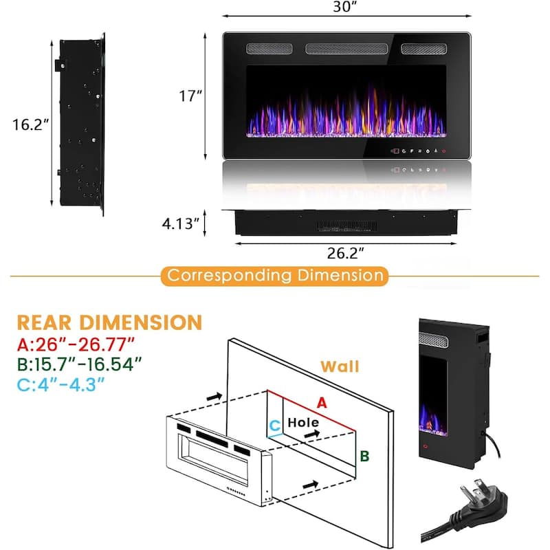 BOSSIN Electric Fireplace Wall Mounted and Recessed with Remote Control, 750/1500W Ultra-Thin Wall Fireplace Heater, Low Noise