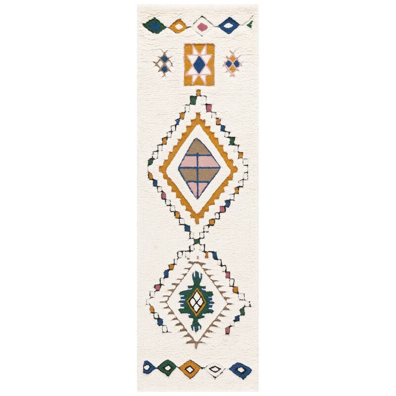 SAFAVIEH Handmade Casablanca Etleva Shag Boho Wool 1-inch Rug - 2'3" x 8' Runner - Ivory/Green