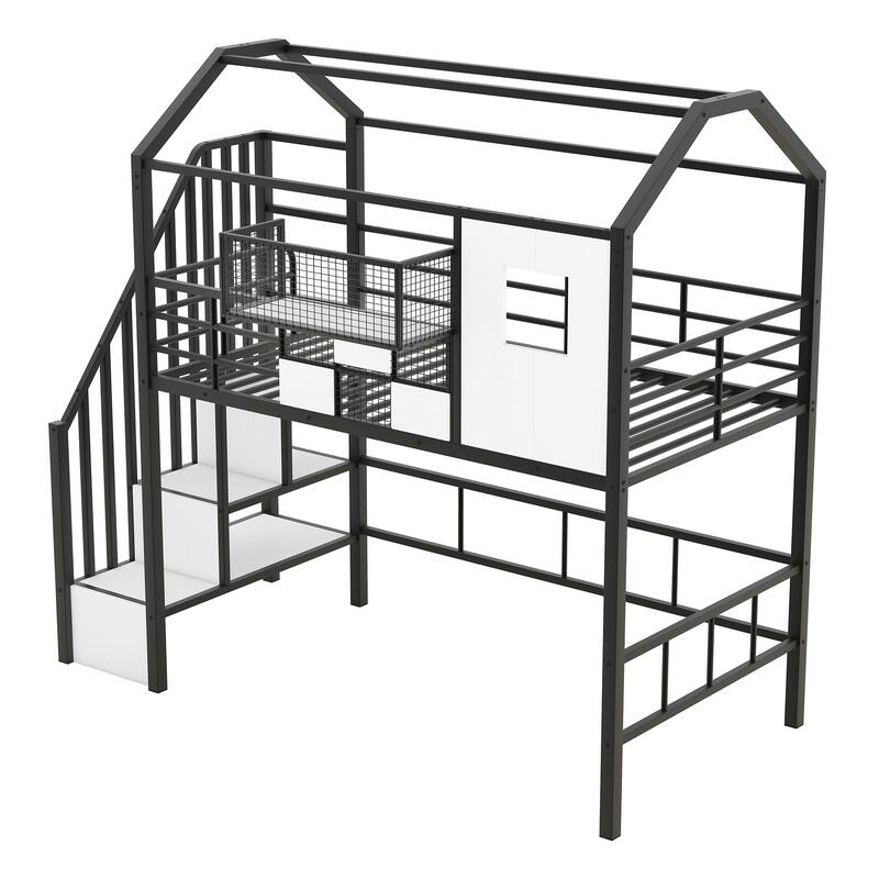 Metal Loft Bed for Kids with Roof Design, Storage Box, and Guardrails - Twin Size, Perfect for Small Spaces