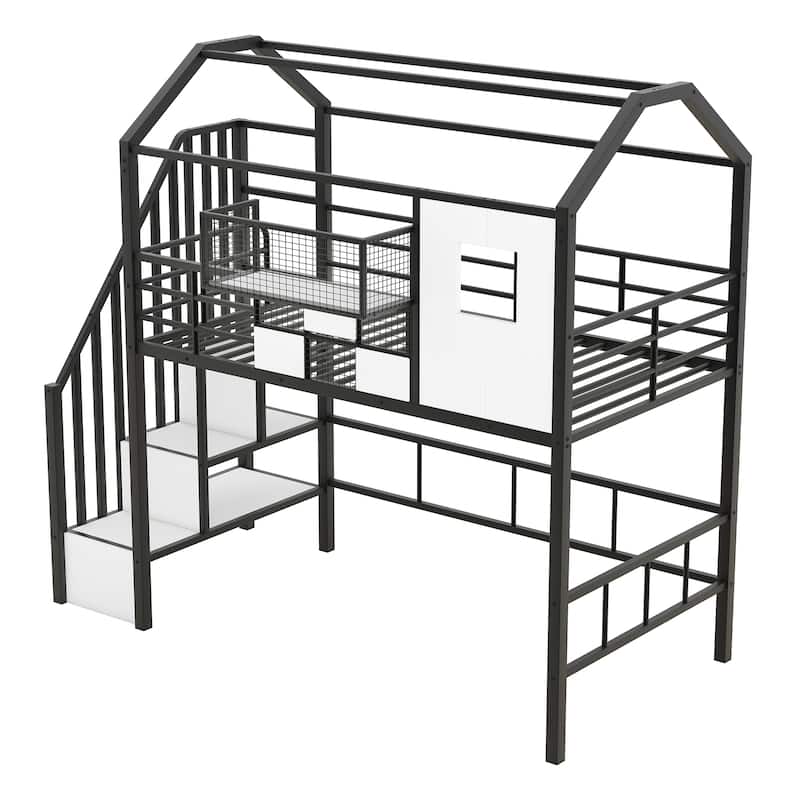 Twin Size Metal Loft Bed w/Roof Design, House Shaped Stairway Bedframe