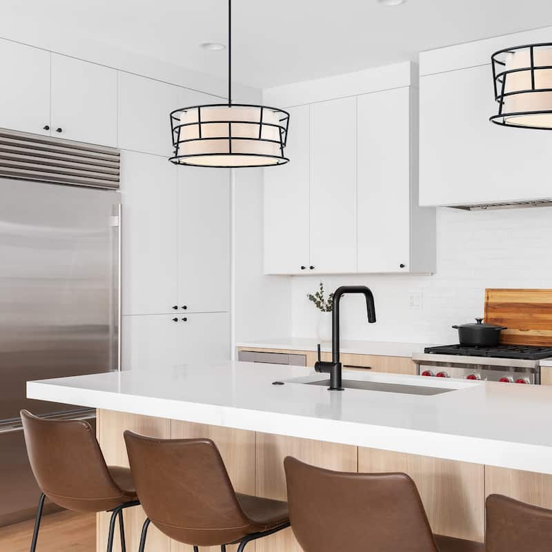 Aria Falls 60 Watt 3-Light Matte Black Drum Pendant with Fabric Shade and Metal Outer Cage - 9.25