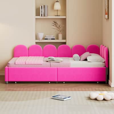 L-Shape Garden Backrest Daybed, Velvet Upholstered Sofabed with 2 Drawers, Soft Fabric Headboard Platform Bed Frame