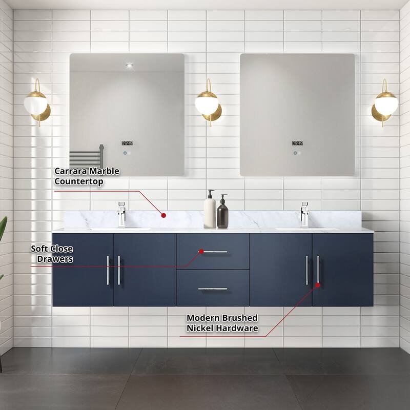 Geneva 80 in. W x 22 in. D Dark Grey Double Bath Vanity, Carrara Marble Top, and 30 in. LED Mirrors