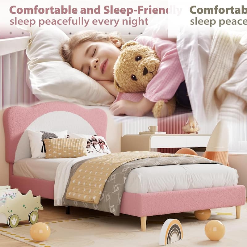Velvet Kids Bed Frame with Adjustable Scallop Headboard, Princess Style Platform Bed, Solid Wood Slats