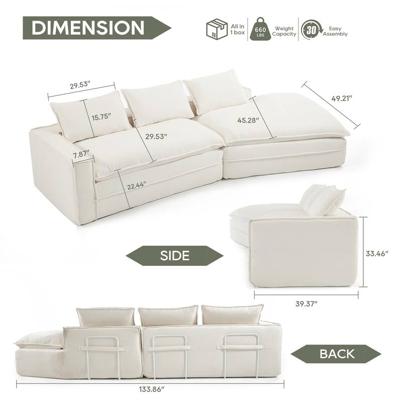 Modular Deep Seat Sectional Sofa with Chaise Lounge, Fabric Upholstered Cloud Boneless Couch, High-Density Sponge Floor Sofa