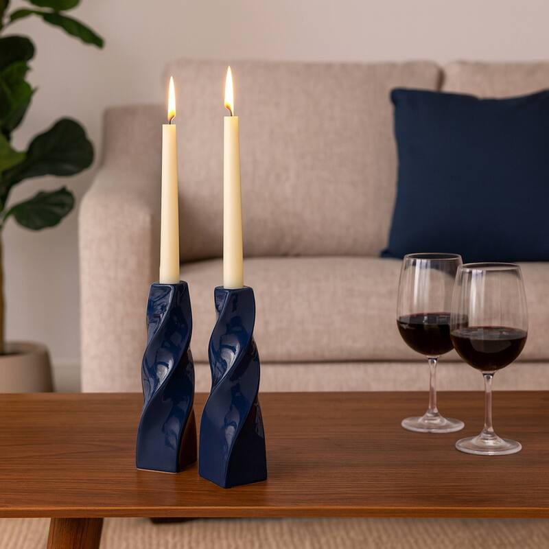 Blue Tall Curvy Santa Fe Style Ceramic Candlesticks Set of Two