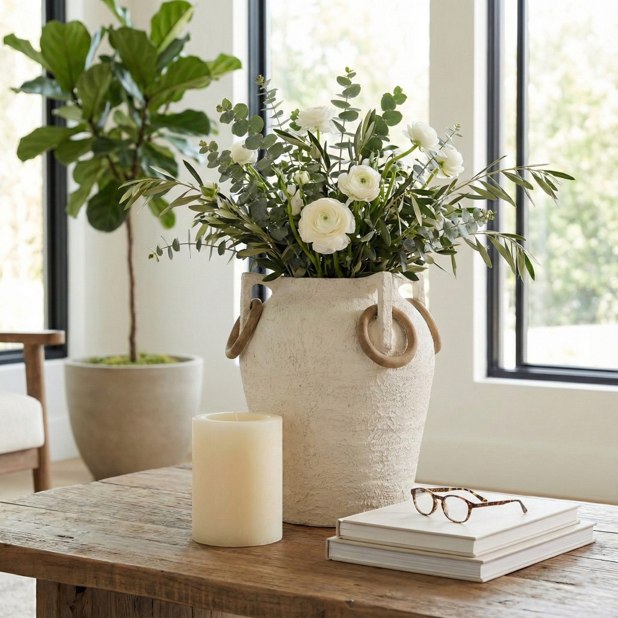 Decorative Vase - Ivory/Tan Pottery Round Small, 19 in.