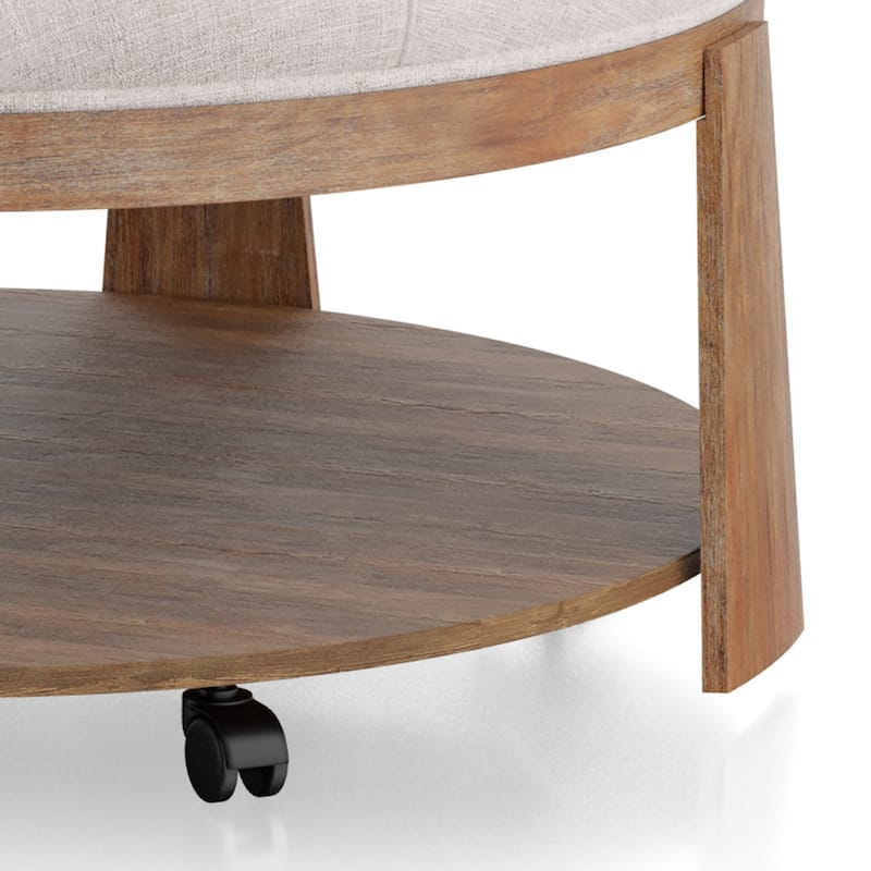 Geoffrey Transitional Round Natural Wood Open-Shelf Tufted Ottoman with Wheels by Furniture of America