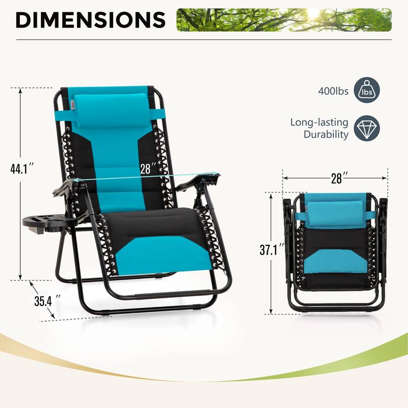 MAISON ARTS 2 XL Zero Gravity Recliners Padded Folding Lounge Chairs with Cup Holder - Aqua Blue
