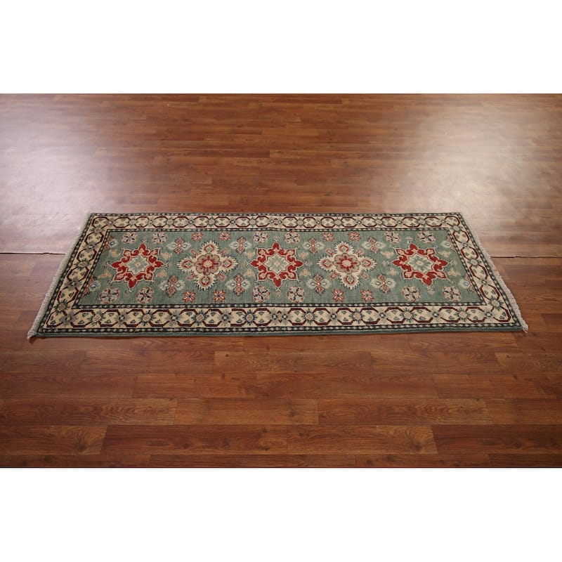 Green Geometric Kazak Oriental Runner Rug Handmade Wool Carpet - 2'2" x 5'11"