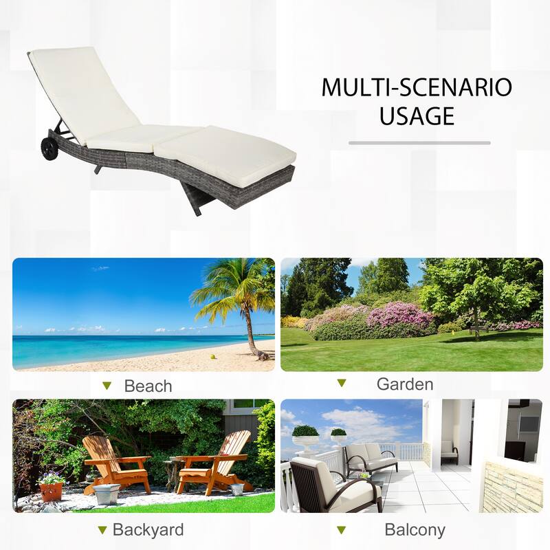 Outsunny Outdoor PE Rattan Patio Chaise Lounge Chair with 5 Backrest Angles & 2 Wheels for Easy Movement, Grey