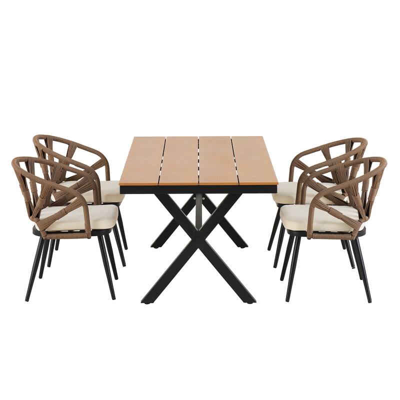 Outdoor PE Rattan Chairs with Plastic Wood Table for Garden (Set of 5)