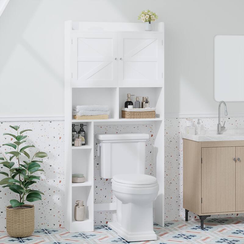 Over-The-Toilet Storage Cabinet with Adjustable Shelf, Bathroom Space Saver with Double Doors and Open Shelves