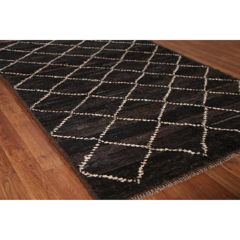 Black Trellis Moroccan Oriental Rug Handmade Wool Carpet - 4'1" x 6'1" - 4'1" x 6'1" - Black