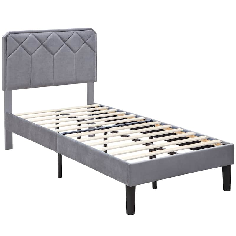 2 Pack Twin Size Kids Bed Frame Height Adjustable Diamond Pattern Upholstered Headboard Bed Twin Size Bed Set of 2