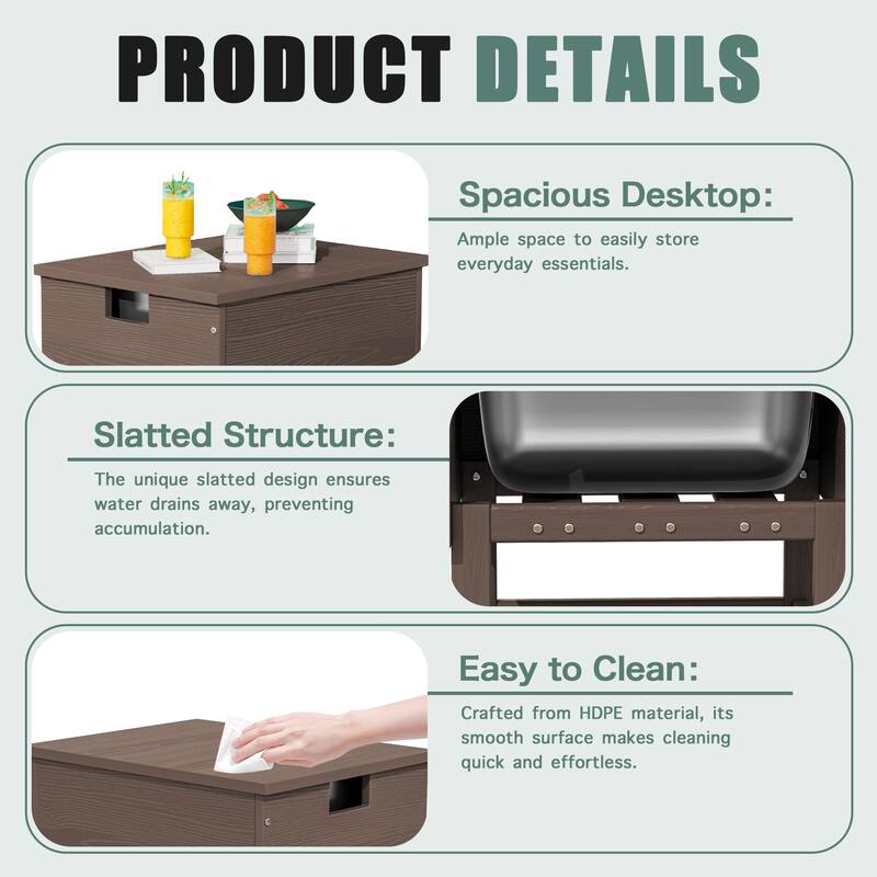 Outdoor Patio Weather Resistant HDPE Coffee & Side Table, Build-in Stainless Steel Cooler Bucket