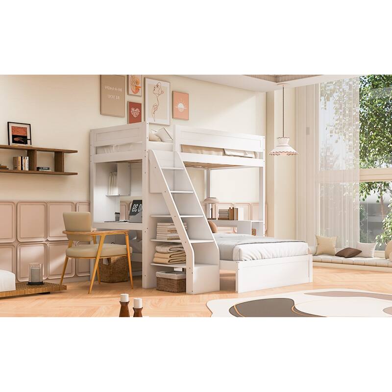 Roomfitters Twin XL Over Full Bunk Bed with Built-In Desk, USB Port and Shelves