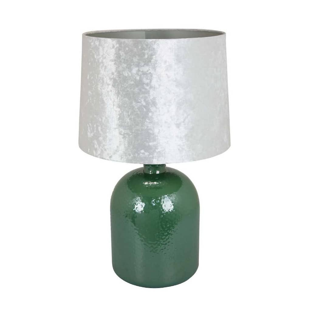 27 Inch Table Lamp, Drum Shade, Round Drop Shaped Glass Body, Green Finish