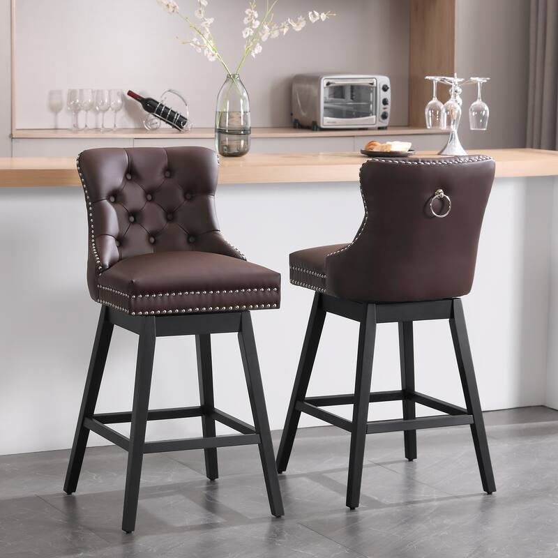 26"/29" Faux Leather Swivel Counter or Bar Height Stools with Wood Frame, Set of 2 - Brown - Bar Height