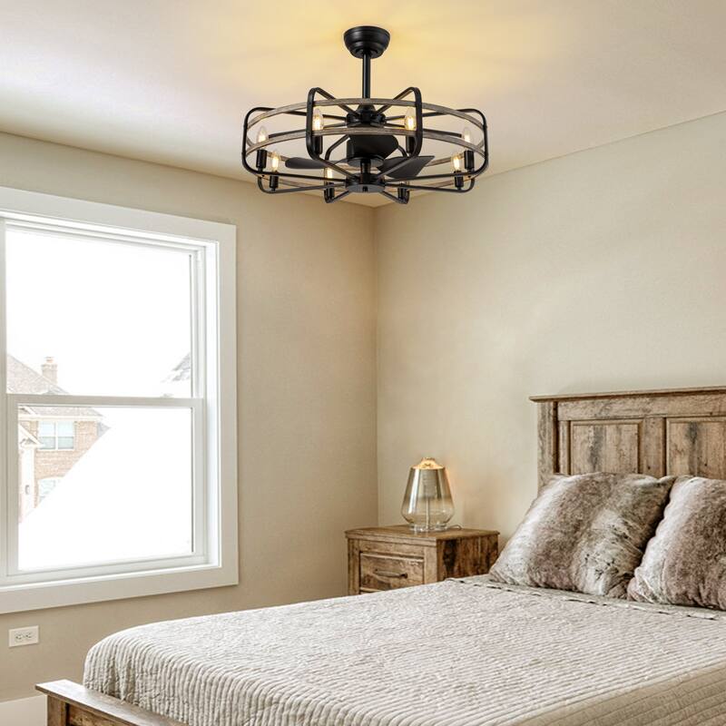Industrial Black Caged Vintage Chandelier Ceiling Fan with Lights and Remote Control