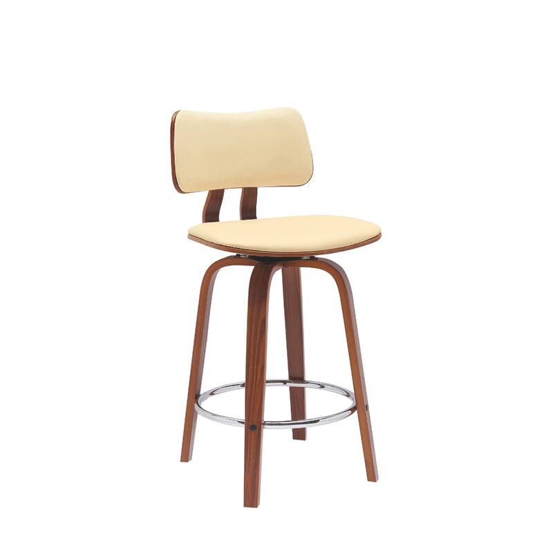Faux Leather Armless Counter Height Bar Chair with Wood Frame, Swivel and Footrest - Cream And Wood Brown 26"