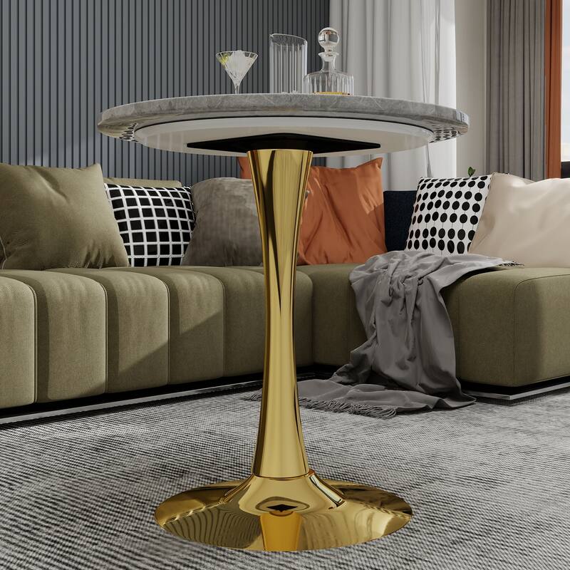 27.6" Mid-Century Modern Style Dining Table, Accommodates 2-4 People, Featuring A Round Light Gray Textured Marble Tabletop