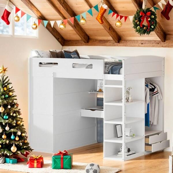 slide 2 of 18, Full Size Loft Bed with Built-In Desk with Top Shelf, Wardrobes, Left-Side Storage and 4 Drawers and 4 Shelves-White White