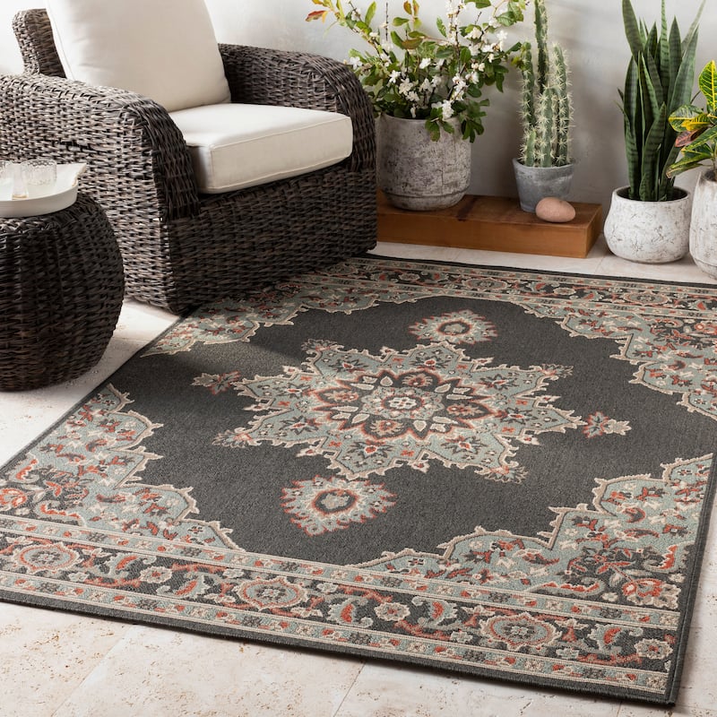 Livabliss Cesare Medallion Indoor/ Outdoor Area Rug - 5'3" Round - Dark Brown