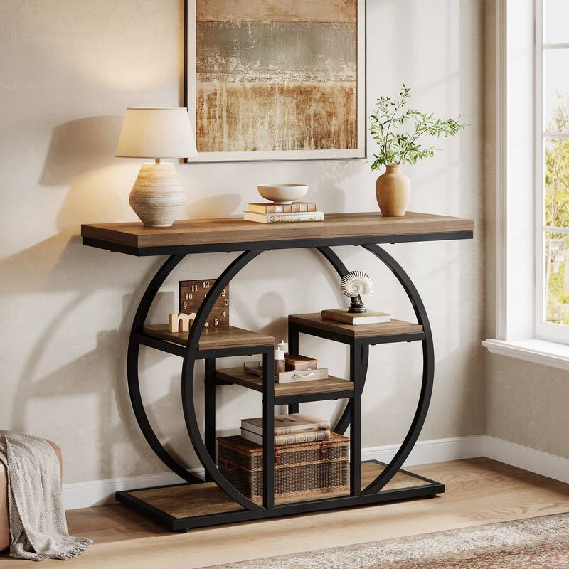 4-Tier Industrial Console Sofa Table, 41.3" Narrow Wood Accent Table