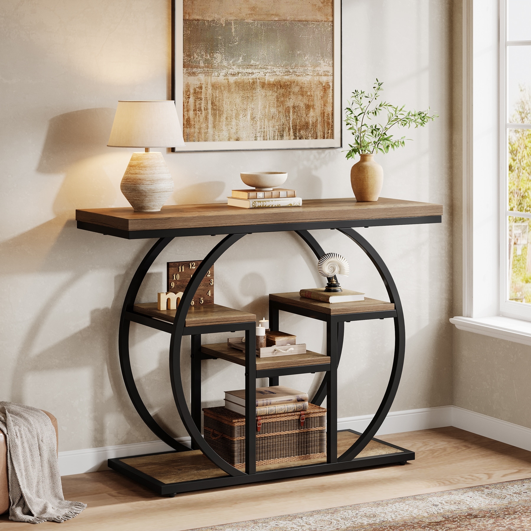 Entryway Console Sofa Table with Storage Shelves, Wood Accent Table for Entryway, Living Room, Hallway, Foyer