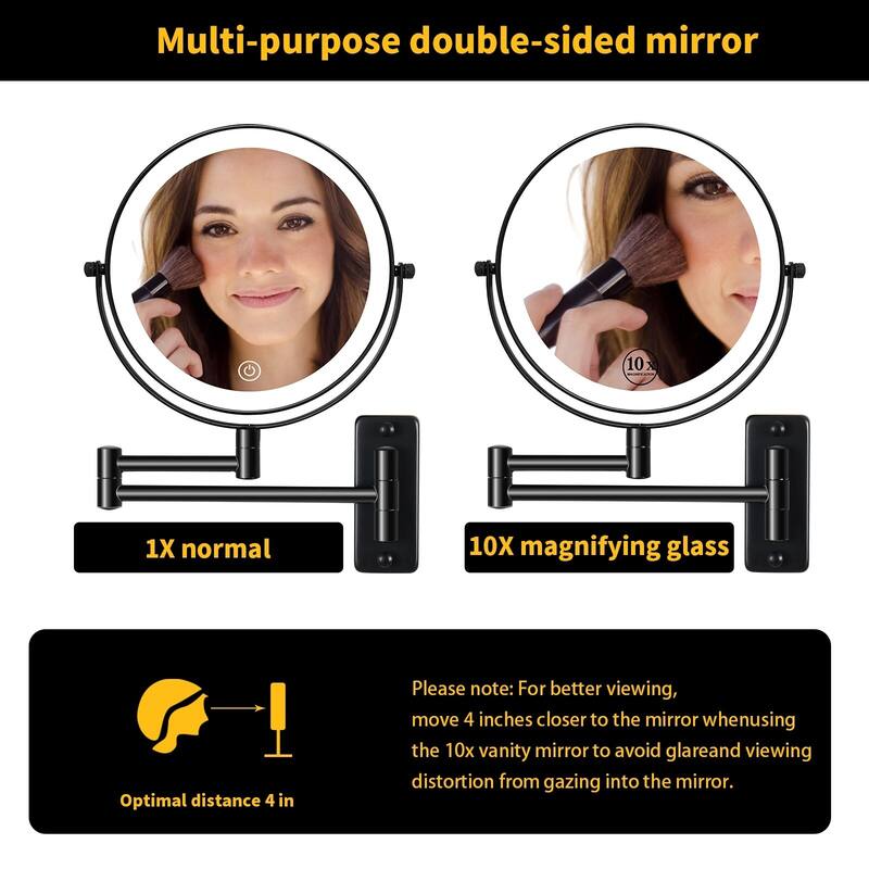 8in. LED Light Wall Mounted Makeup Mirror with 3 Colors, 1x/10x HD Magnifying Double-Sided Mirror, Extension Arm
