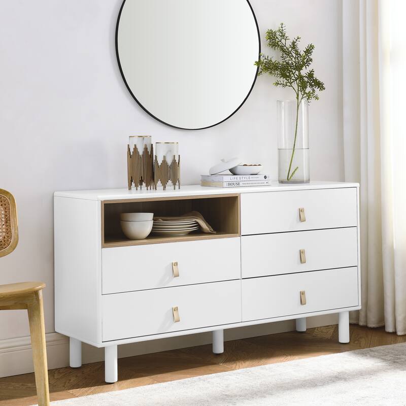 Modern 5 Drawer 55.12 in. Dresser Wood Storage Cabinet with Leather Handle, Open Shelf Drawer Cabinet - White