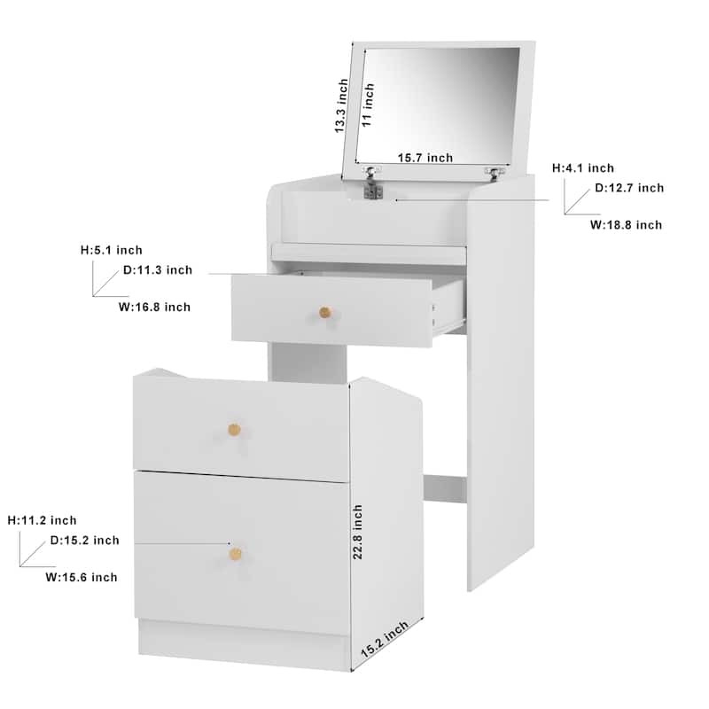 Anmytek Multifunctional Storage Unit White Vanity Desk with Mirror,Chair, Drawers for Small Spaces