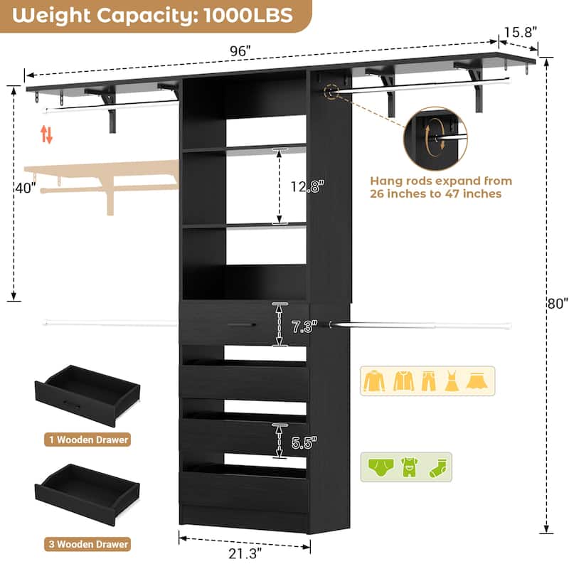 96'' Closet Organizer System with Wood Drawers, Wardrobe with Storage Shelves and 4 Hanging Rods