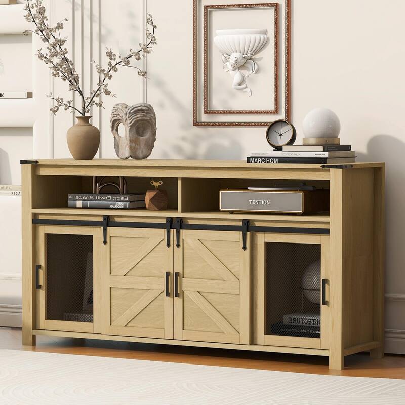 59.3'' Sideboard with Sliding Barn Door and Mesh Panels, Farmhouse Buffet with Open Storage - Natural