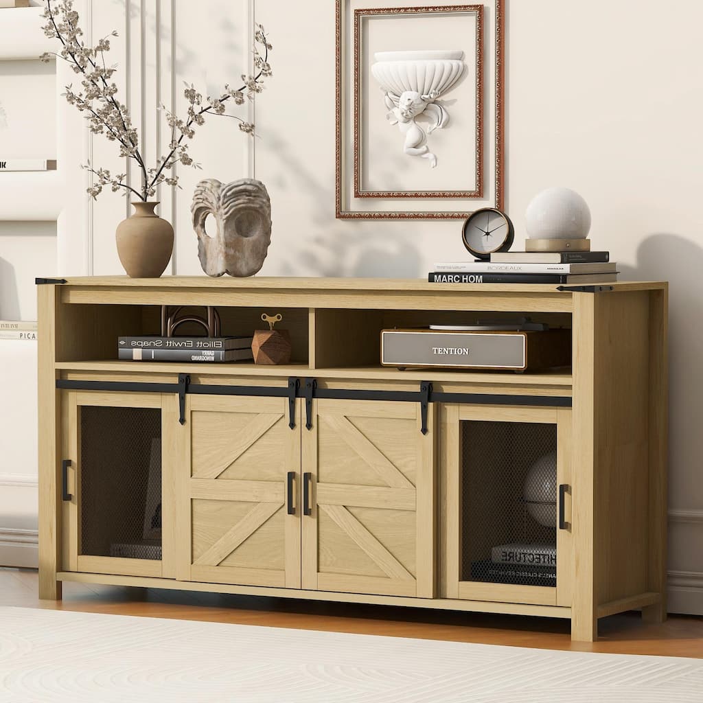 59.3'' Sideboard with Sliding Barn Door and Mesh Panels, Farmhouse Buffet with Open Storage