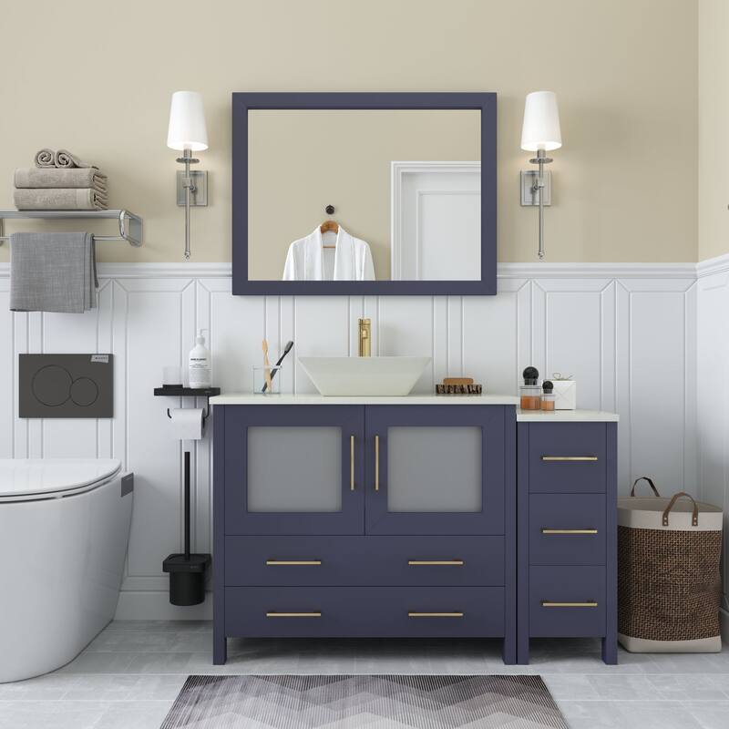Vanity Art 48" Single Sink Bathroom Vanity Combo Set with Engineered Marble Top and Free Mirror - 48 x 18.5 x 36 Inches - Blue