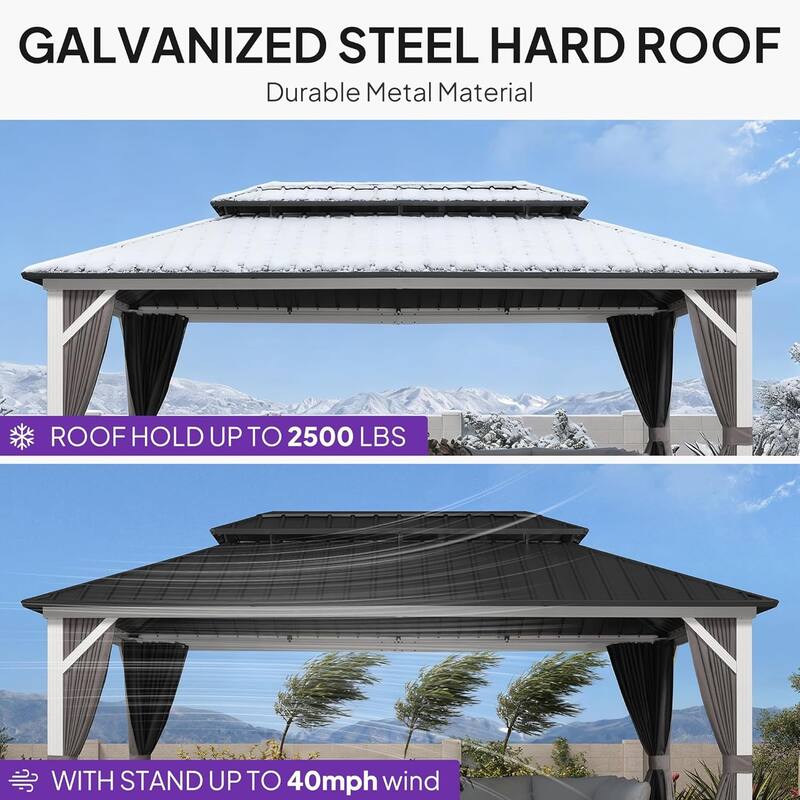 PURPLE LEAF Patio Hardtop Gazebo for Outdoor Grey Galvanized Steel Double Roof White Aluminum Poles