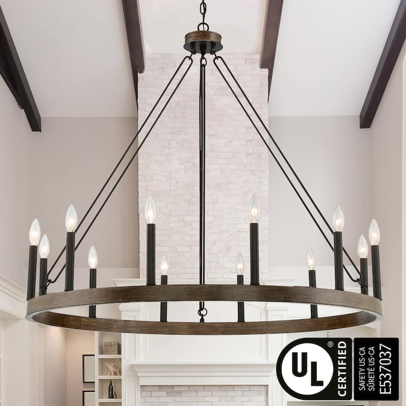 Update 12-light 40In Modern Farmhouse Wagon Wheel Chandelier - N/A