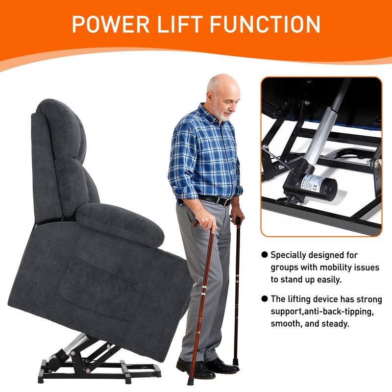 35" Wide Quiet Lift Velvet Recliner w/Massage and Heat