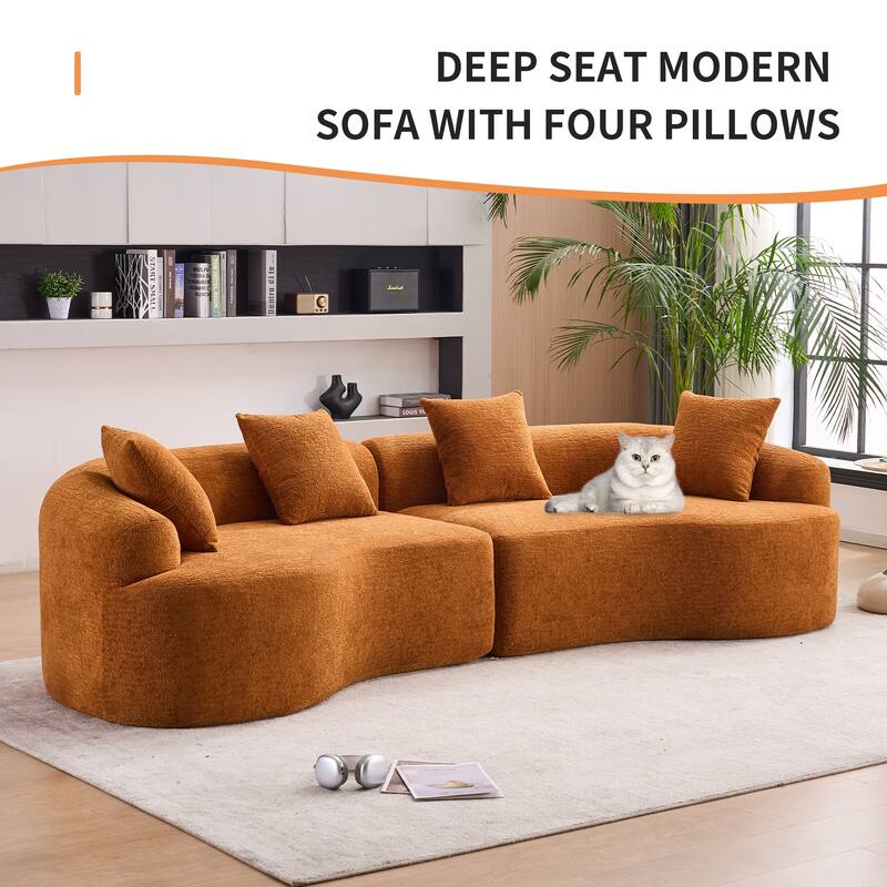 Chenille Floor Standing Curved Sectional Sofa Modular Lounge Sleeper Couch Full Compression Sponge Sofa with Pillows