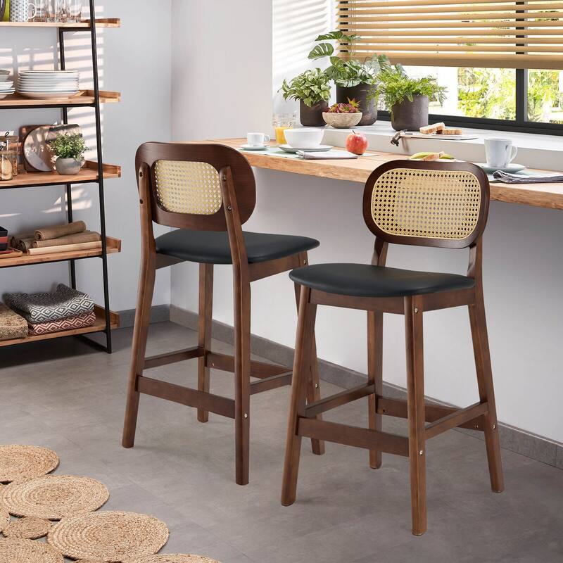 Wood Upholstered Counter Height Bar Stools with Rattan Back - 36.81"H x 17.72"W x 18.7"D
