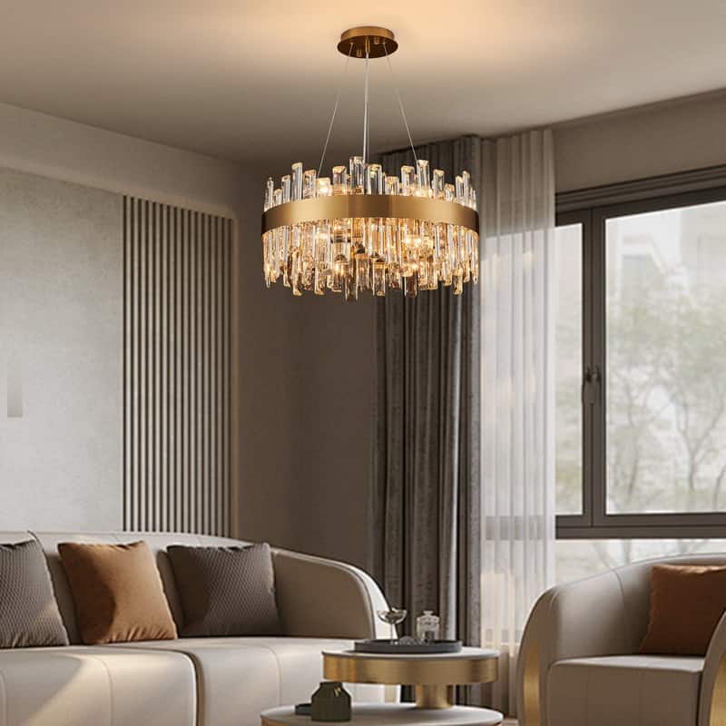 19.7'' Modern Crystal Chandelier Brass Gold Round 12-Light 2-Tier Luxury Crystal 19.7'' Raindrop Chandelier for Dining Room