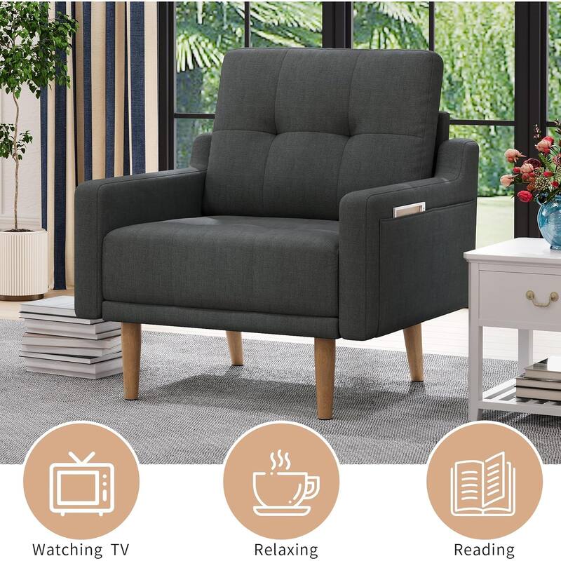 Mid Century Modern Accent Chair,Upholstered Armchair,Comfy Reading Chair with Wood Legs,Fabric Single Sofa Chair