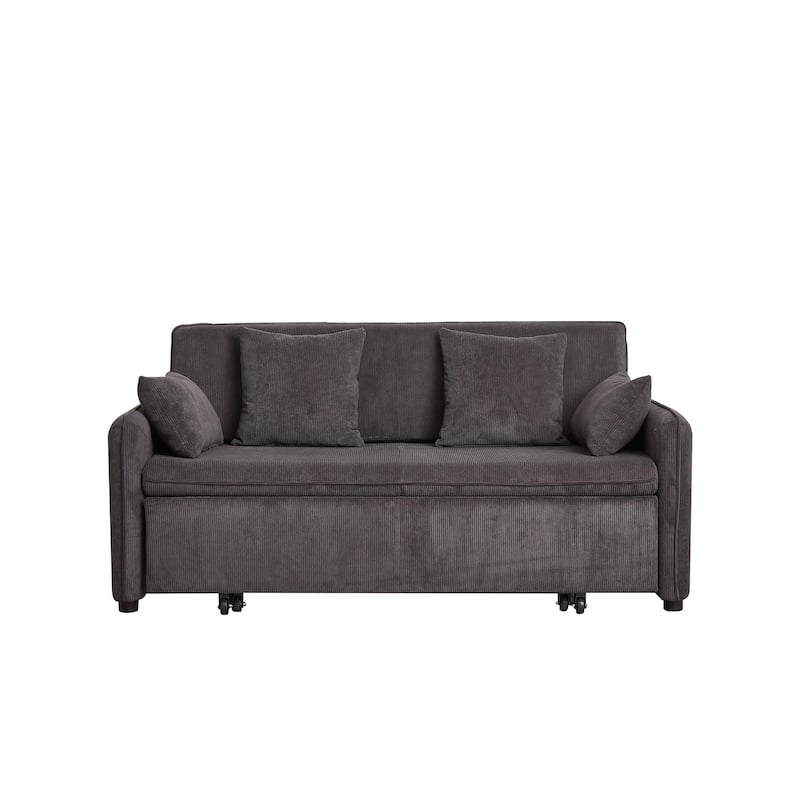 3-in-1 Pull Out Sleeper Sofa Bed, Convertible Corduroy Loveseat Couch with Casters, 4 Pillows and Side Pockets for Living Room