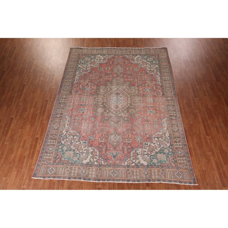 Geometric Pink Tabriz Persian Vintage Area Rug Handmade Wool Carpet - 9'6"x 12'6"