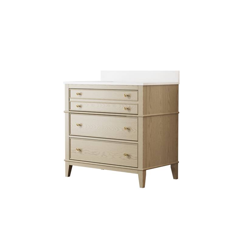 35''H Solid Wood Bathroom Vanity with Carrera White Quartz Top,Drawers And Single Sink