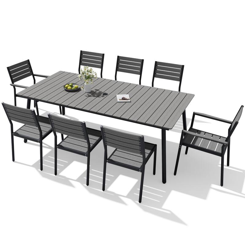 9-Piece Outdoor Patio Dining Set Wood-Like Table Top Alumium Umbrella Hole Table with Stackable Chairs - N/A
